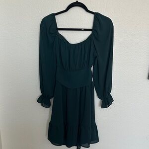 Dark Green Long-Sleeve Square Neck Dress